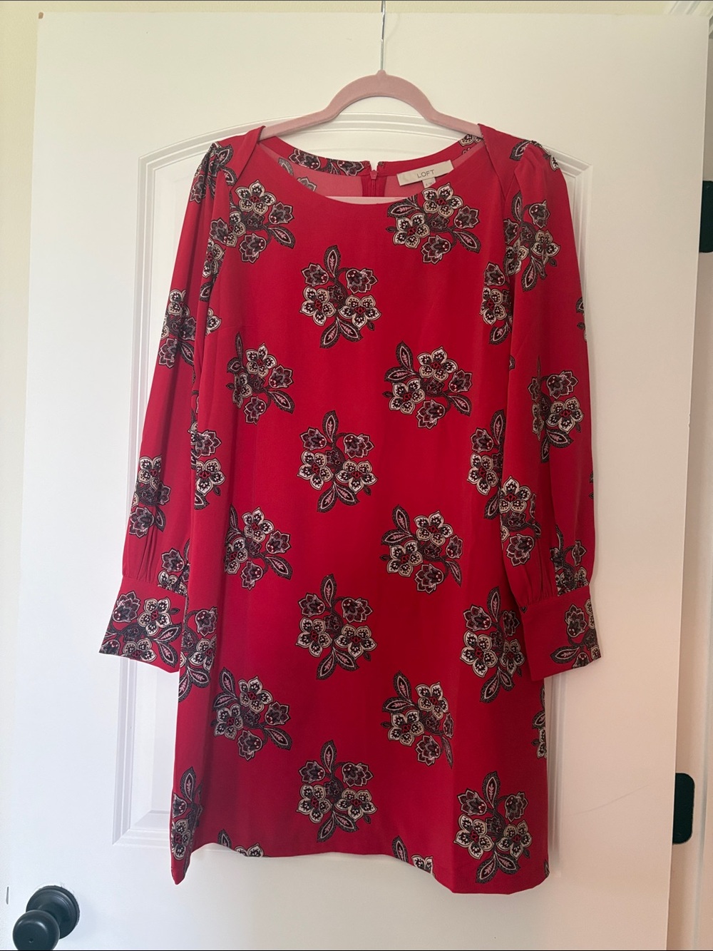 LOFT Red Floral Long-Sleeve Shift Dress